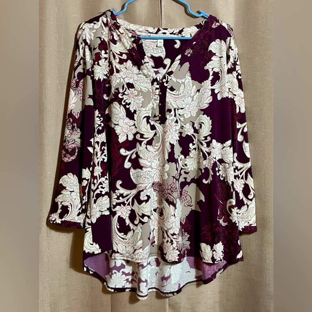 Women's Floral Scroll Print V-Neck Tunic Top - Plum/White XXL